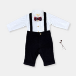 Load image into Gallery viewer, White full sleeve shirt with black corduroy pants with braces and bow tie. perfect first birthday outfit for boys photoshoot.
