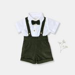 Load image into Gallery viewer, Baby boys birthday outfit in jungle green. White shirt, green shorts and bowtie. Organic Cotton sustainable
