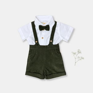 Baby boys birthday outfit in jungle green. White shirt, green shorts and bowtie. Organic Cotton sustainable