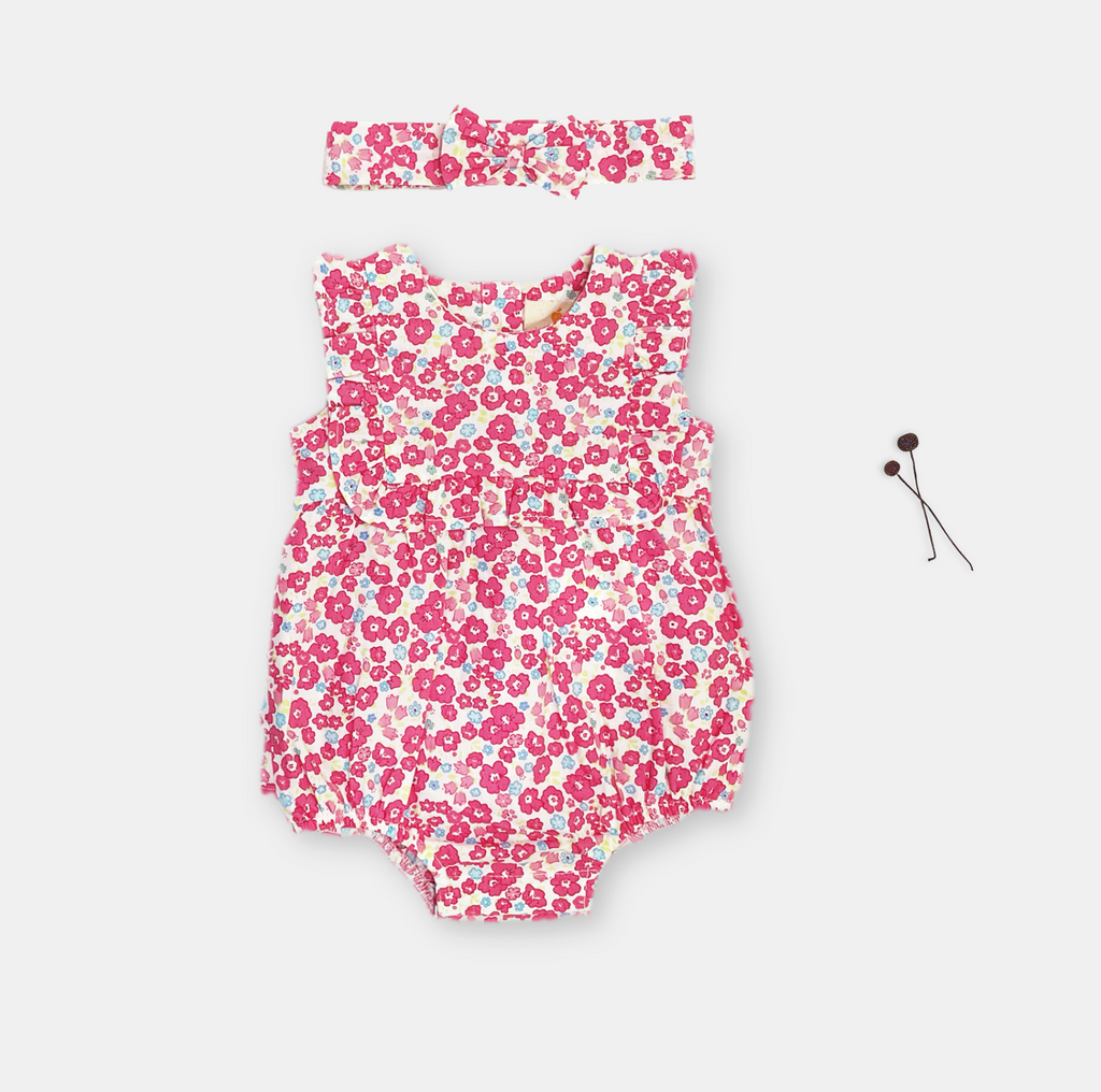 Floral pink romper with matching headband for baby  girl