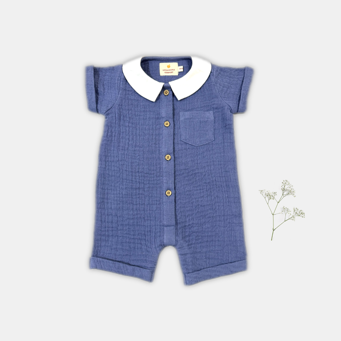 sweet blue double cloth romper with soft white collar