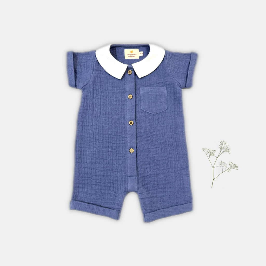 sweet blue double cloth romper with soft white collar